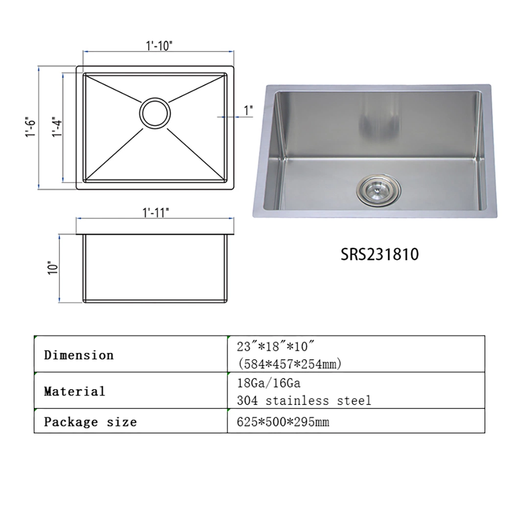 Stainless Steel OEM 32 Handmade Kitchen Commercial 23 Inch 1.5 mm Laundry Sink Without Drain Board Kitchen Sinks